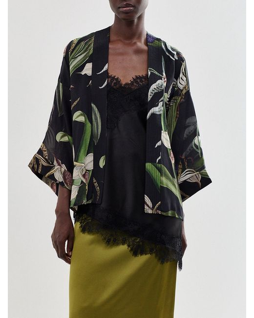 One Hundred Stars Black Orchid Crepe Modal-Blend Short Kimono
