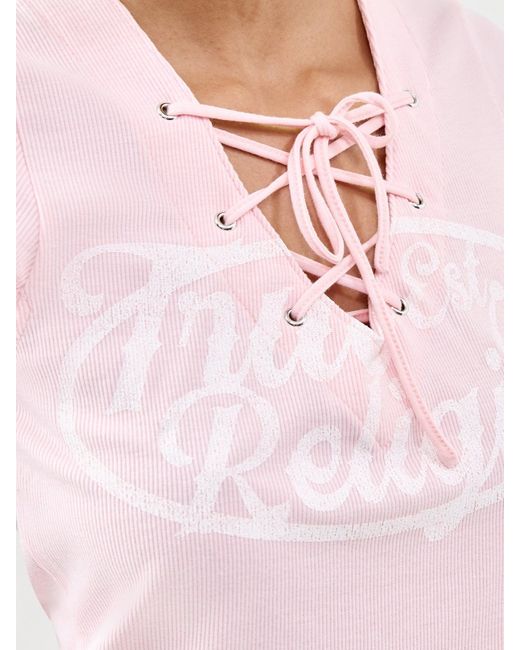 True Religion Pink Lace Up Cap Sleeve Rib Top