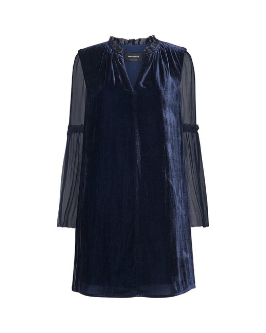 Whistles Blue Velvet Sheer Sleeve Dress