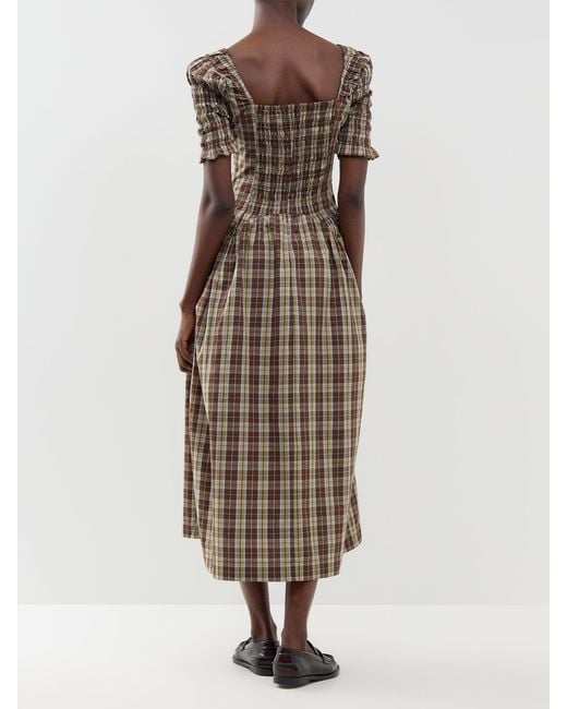 Damson Madder Brown Emmy Shirred Check Midi Dress