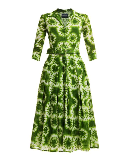 Samantha Sung Green Women's Cotton Musola Shirt Collar 3⁄4 Sleeve Midi Dress