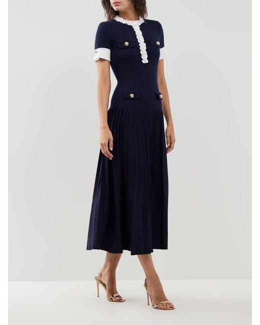 Self-Portrait Blue Rib-Knit Midi Dress