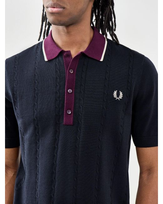 Fred Perry Blue Cable Knit Polo Shirt for men