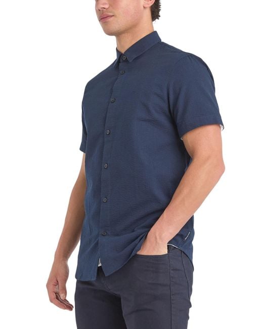 Armani Exchange Blue Men's Seersucker Short Sleeve Shirt for men