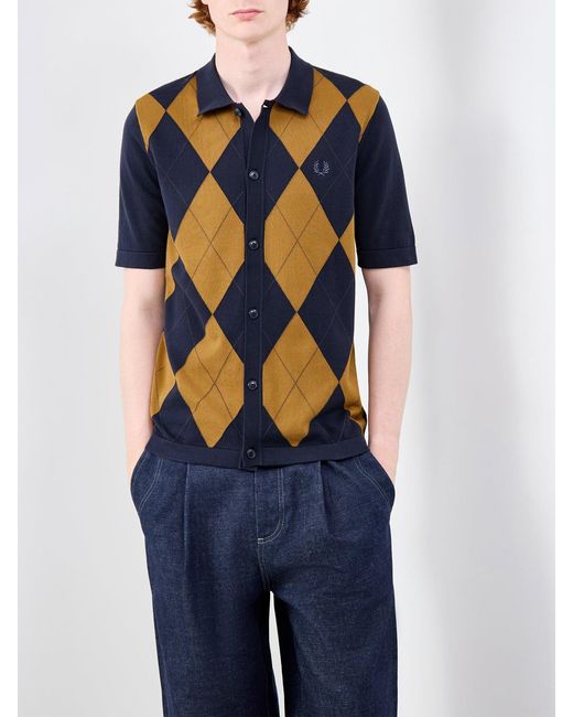Fred Perry Blue Argyle Button Through Knitted Shirt for men