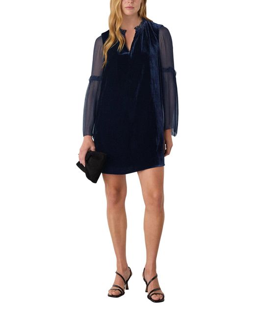 Whistles Blue Velvet Sheer Sleeve Dress
