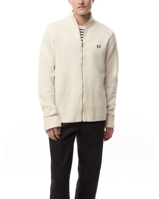 Fred Perry White Chunky Rib Zip Through Cardigan for men