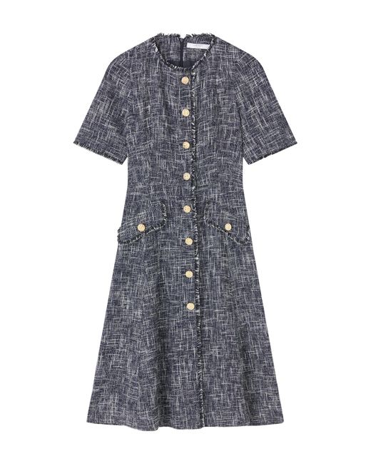 L.K.Bennett Blue Suzie & & Cream Cotton Blend Tweed Button Through Dress