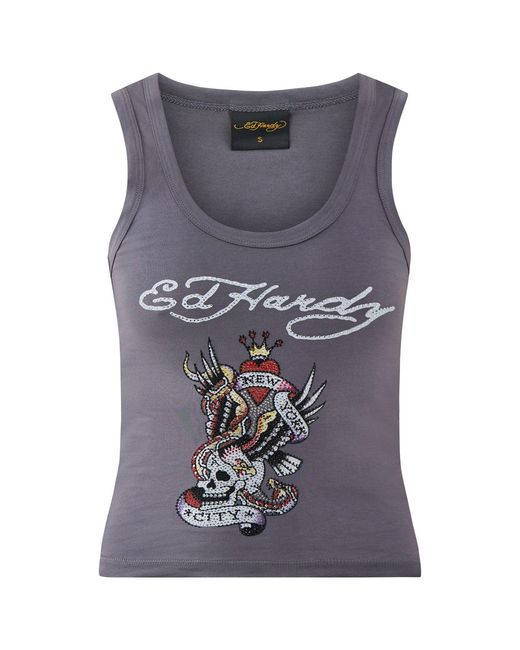 Ed Hardy Gray New York City Diamante Cropped Vest Top