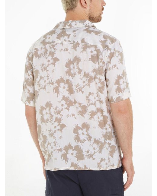 Calvin Klein White Floral Print Cuban Collar Shirt for men