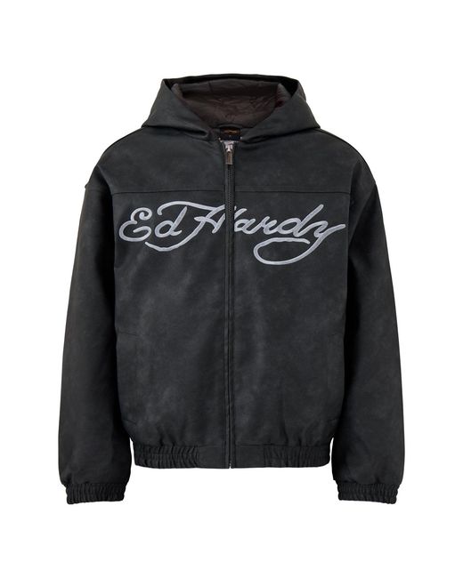 Ed Hardy Black Soaring Eagles Pu Hooded Vegan Jacket for men