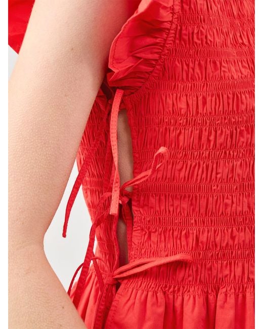 Ganni Red Angel Sleeve Smocked Top