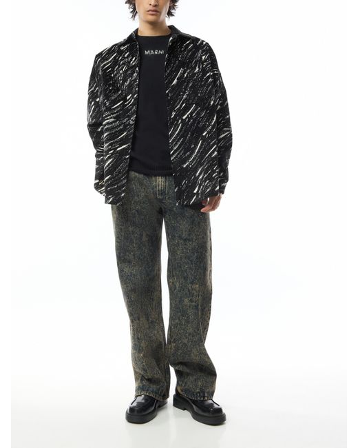 Marni Black Men's Flocked Denim Oversized Shirt With Crayon Print for men