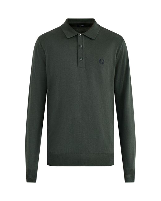 Fred Perry Green Classic Knitted Long Sleeve Polo Shirt for men
