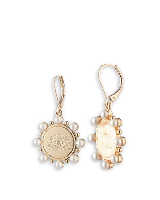 Ralph Lauren White Women's Pearl Coin Crest Drop Earrings