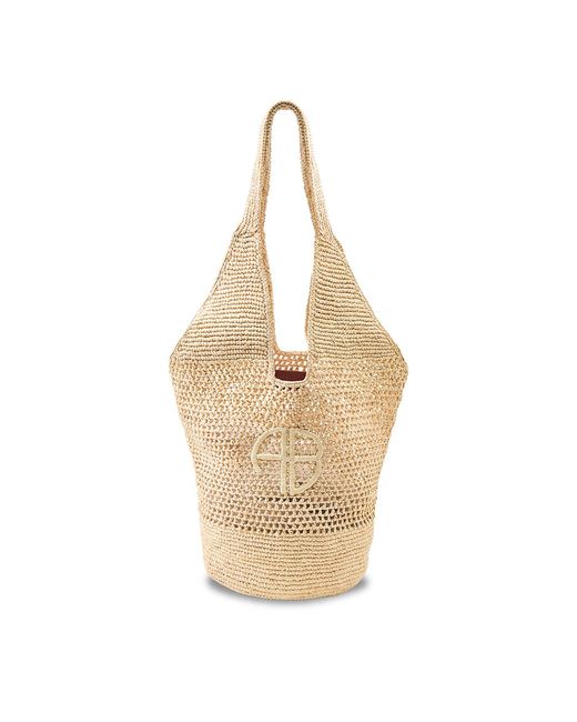 Anine Bing Metallic Leah Logo Hobo Bag Natural