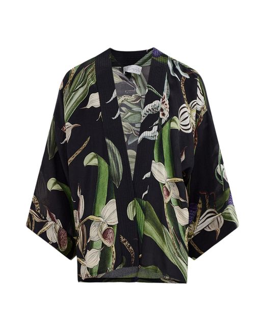 One Hundred Stars Black Orchid Crepe Modal-Blend Short Kimono