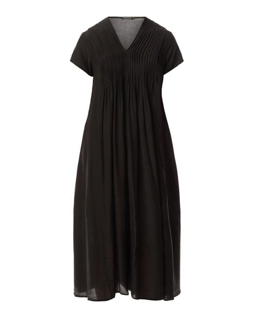 Grizas Black V Neck Pleat Detail Short Sleeve Midi Dress