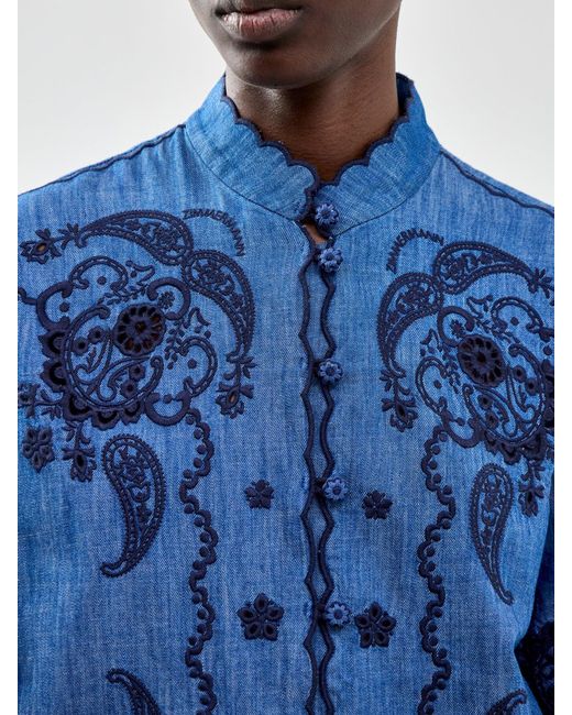 Zimmermann Blue Aster Embroidered Short Sleeve Shirt