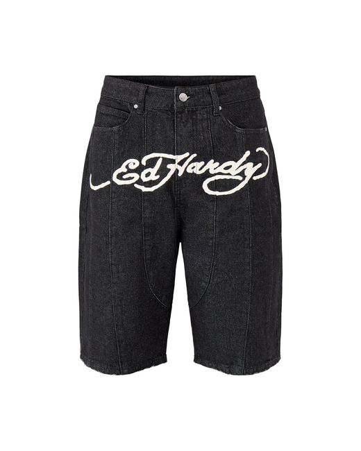 Ed Hardy Black Moto Panelled Denim Jorts for men
