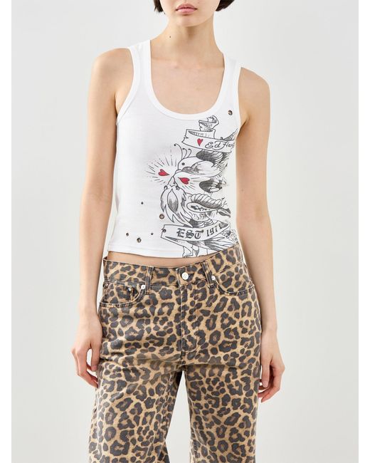 Ed Hardy White Love Birds Ribbed Eyelet Vest