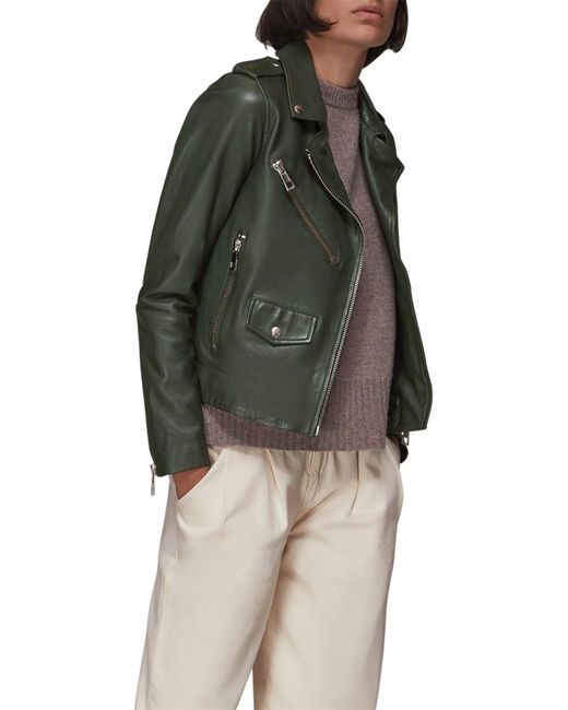 Whistles Green Women's Agnes Pocket Leather Jacket