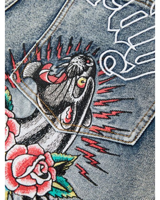 Ed Hardy Blue Embroidered Panther Relaxed Jeans for men