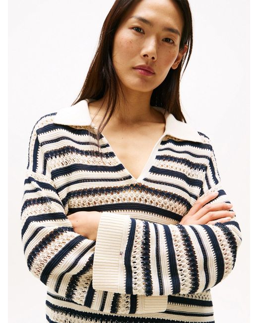 Tommy Hilfiger White Crochet Oversized Polo Jumper