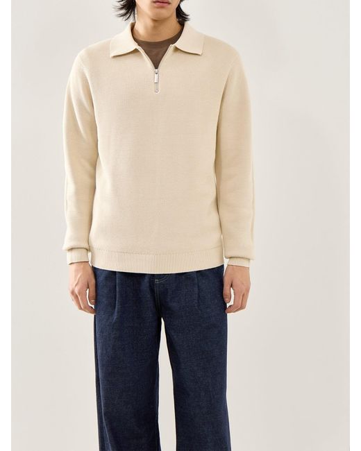SELECTED Blue Structured Half Zip Polo Cream for men