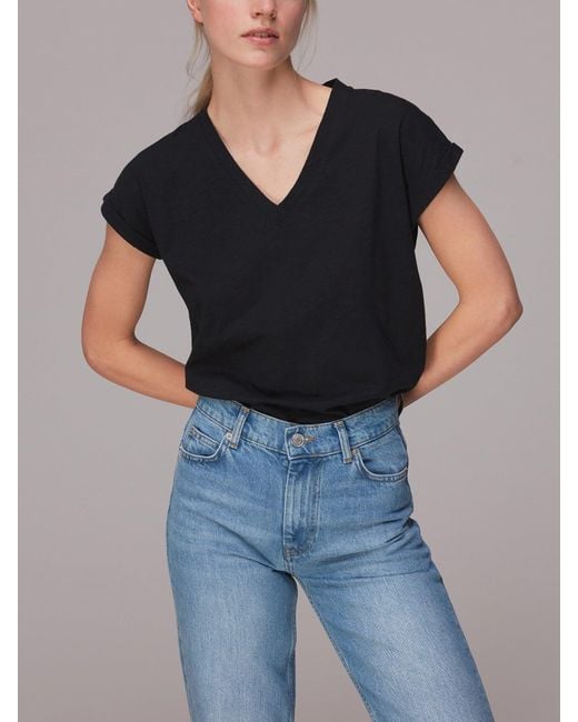 Whistles Black Willa V-Neck Cotton T-Shirt