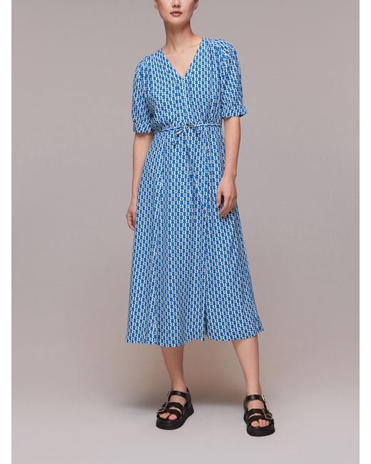 Whistles Blue Geometric-print Woven Midi Dress