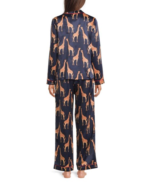 Chelsea Peers Blue Giraffe Print Satin Button Up Long Set