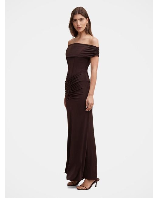 Forever New Brown Ania Ruched Bardot Maxi Dress