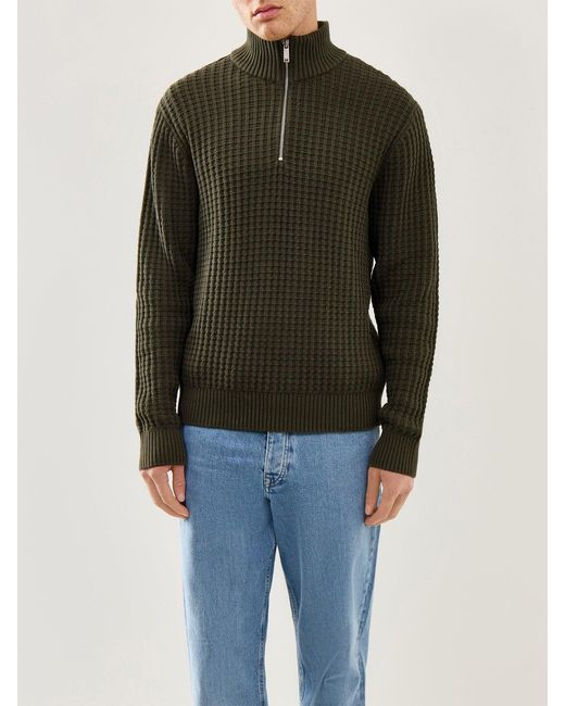 SELECTED Green Knit Structure Half Zip for men