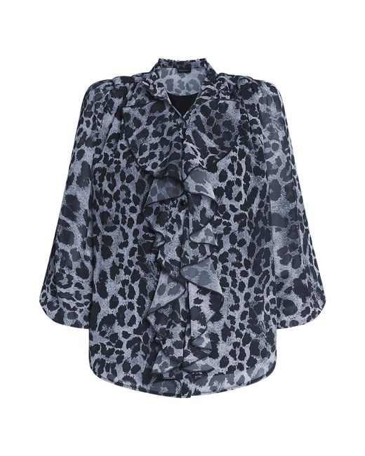 James Lakeland Blue Leopard Print Front Ruffle Shirt