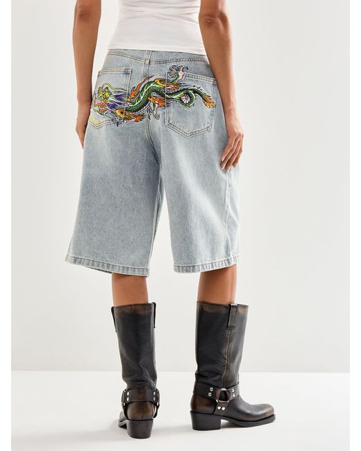 Ed Hardy Gray Dragon Crawl Relaxed Denim Shorts