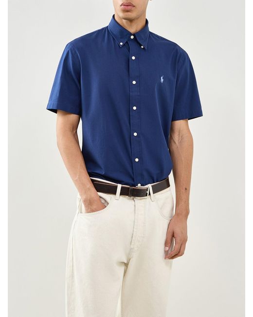 Polo Ralph Lauren Blue Custom Fit Poplin Stretch Short Sleeve Shirt for men