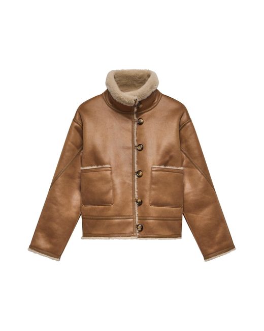 Mint Velvet Brown Women's Cream Reversible Funnel Neck Borg Jacket