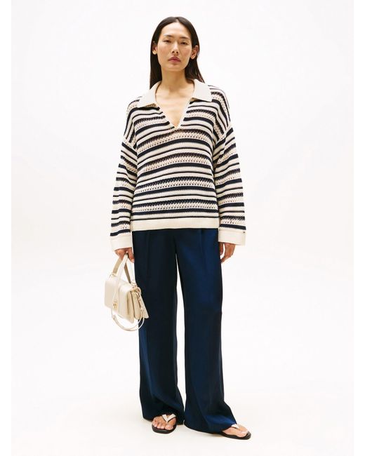 Tommy Hilfiger White Crochet Oversized Polo Jumper