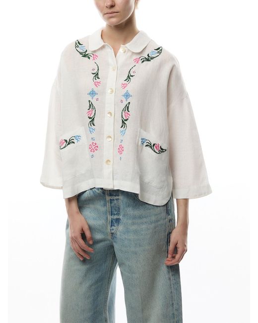 Sahara Blue Cross Stitch Allover Embroidery Shirt, Linen