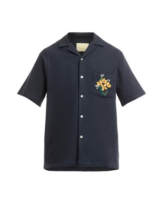 Portuguese Flannel Blue Men's Pique Embroidery Flowers Short Sleeve Motif Shirt for men