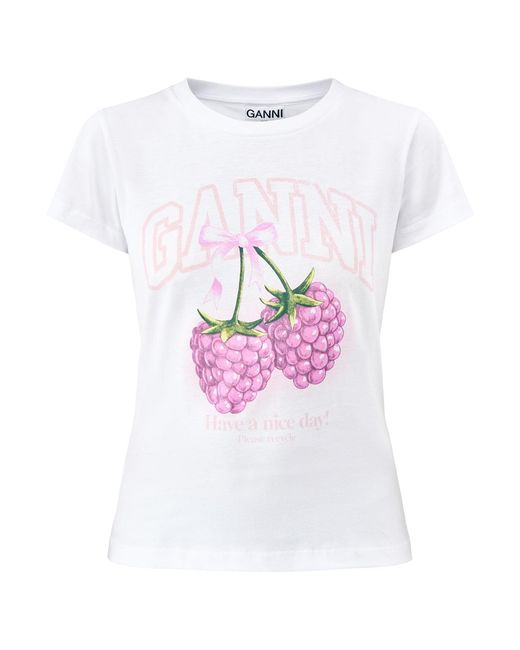 Ganni White Baby Fit Raspberry Graphic T-Shirt
