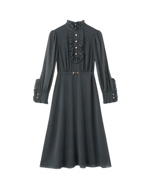 L.K.Bennett Black Sadie Midnight Houndstooth Print Recycled Fabric Georgette Dress With Belt, Wood/Metal
