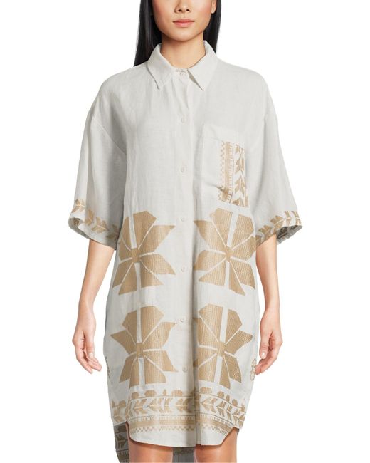 Kori White Women's Linen Aeolis Midi Shirt Dress