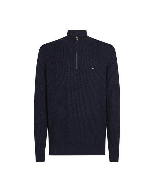 Tommy Hilfiger Blue Herringbone Zip Mock Neck Sweater for men