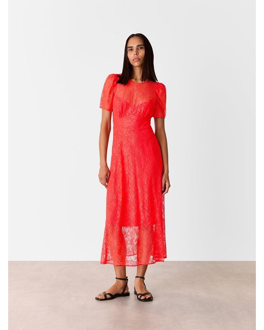 Whistles Red Fay Lace Midi Dress