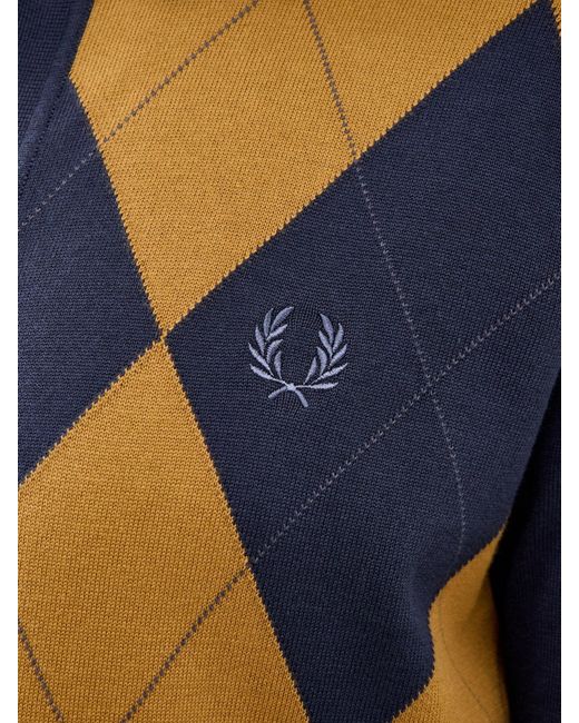 Fred Perry Blue Argyle Button Through Knitted Shirt for men