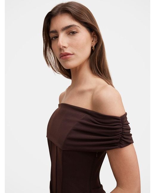 Forever New Brown Ania Ruched Bardot Maxi Dress