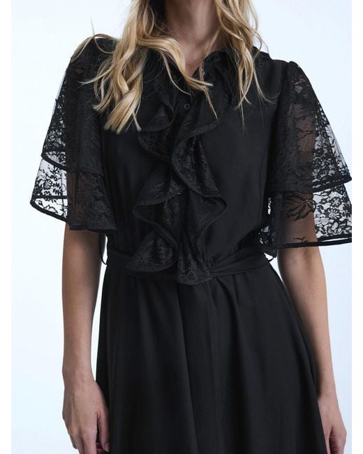 James Lakeland Black Lace Detail Front Ruffle Midi Dress