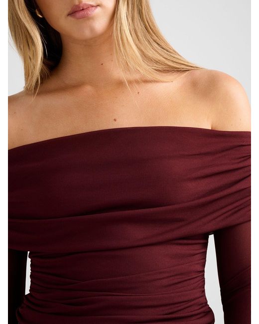 Forever New Red Kaia Ruched Mesh Bardot Neck Top